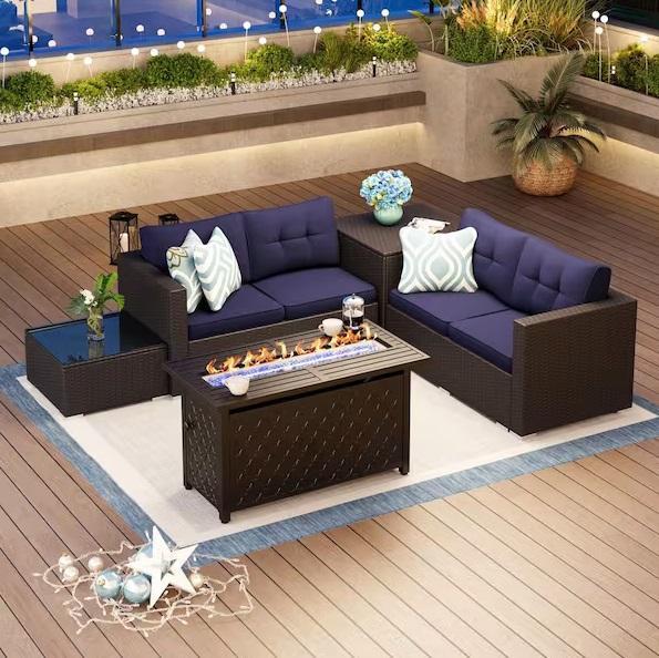 Seasonal - PHI VILLA Black Rattan Wicker 4-Seat 5pc Patio Set, Sonkuki, RTS Home Accents, Pocassy - Est Retail $3,542