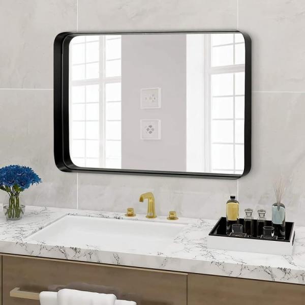 ANDY STAR Wall Mirror for Bathroom 24x36 Inch Black Stainless Steel Metal Frame with Rounded Corner - MSRP $169