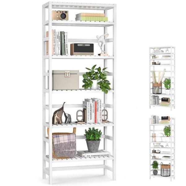 Homykic Adjustable 63.4" Tall 6-Tier White Bamboo Bookshelves and Bookcases - MSRP $68