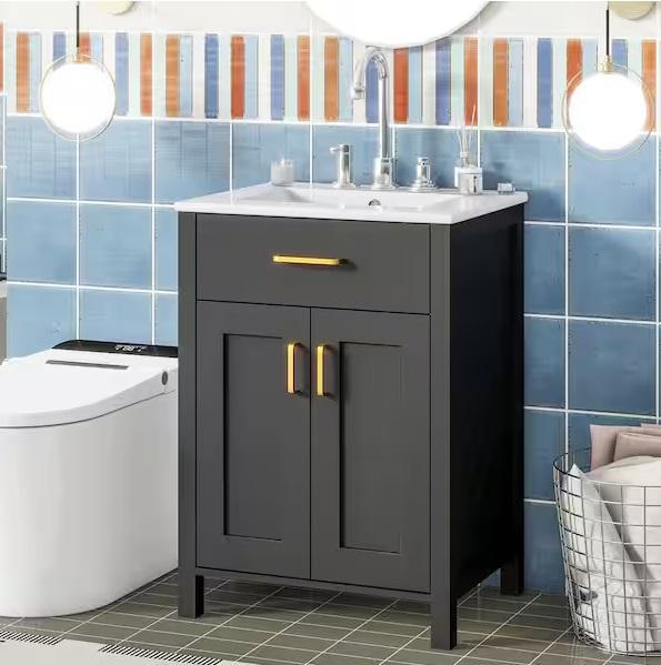 Kitchen & Bath- Virubi Space-Saving 24inW Single Sink Black Bath Vanity & Top, Swiss Madison Toilet - Est Retail $2,248