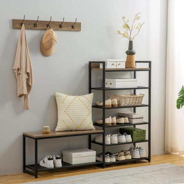 Furniture - SUNTAGE 6-Tier Coat Rack Shoe Bench Set, Lyeasw Rustic White Floating Shelves - MSRP $3,723