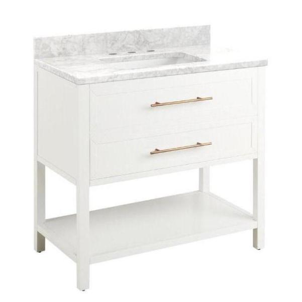 Signature Hardware Vanity in Bright White with Carrara Marble - MSPR $1,949