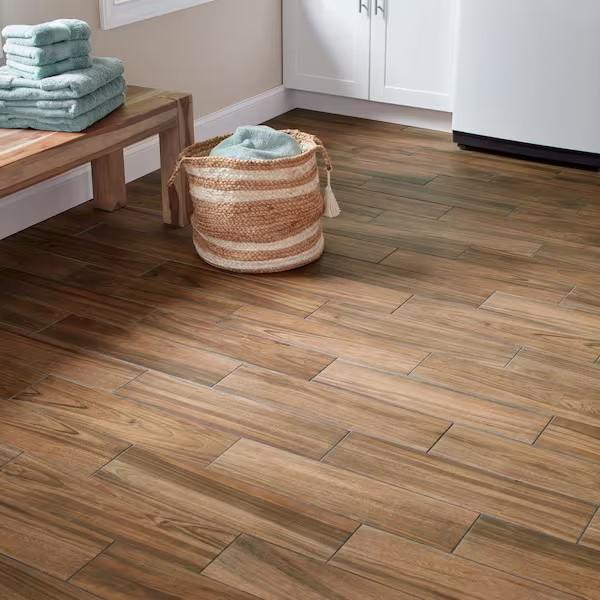Flooring & Rugs - Daltile Baker Wood 6 in. x 24 in. Walnut Glazed Porcelain Tile - Est Retail $1,194- 1plt