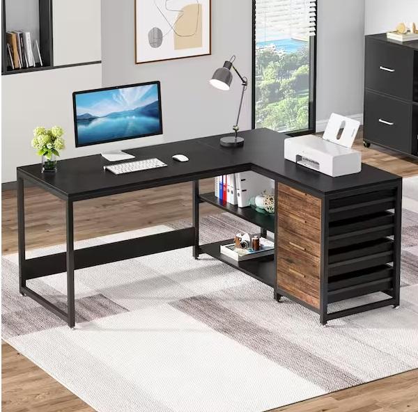 Home Decor- BYBLIGHT Lanita 59in L-Shaped 4-Drawer Computer Desk, LCG SALES INC Artificial 6ft Ficus -Est Retail $1,068