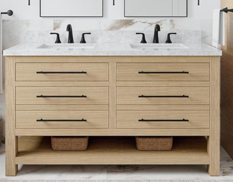 Allen+Roth Kennilton 60in Light Oak Undermount Double Sink Bathroom Vanity, Zoeller 1/2HP 115V Sump Pump - MSRP $4,256