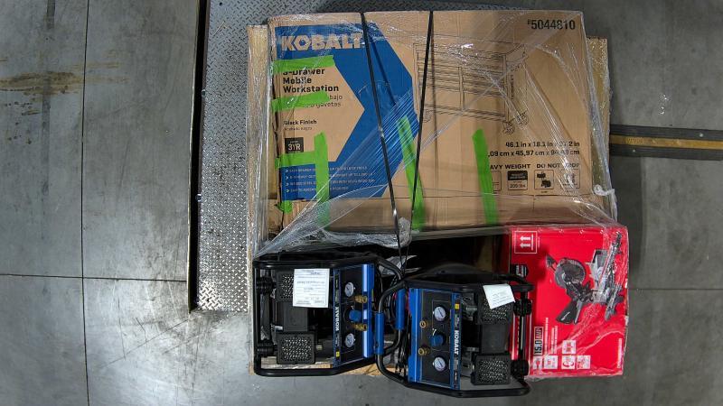 Kobalt 9-Drawers Rolling Black Woodwork Bench, QUIET TECH 26gal Portable Electric Vertical Air Compressor - MSRP $2,663