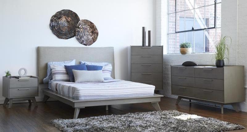 Mixed Lot - Grey Bedroom Set with King Bed, Nightstand, and High Chest