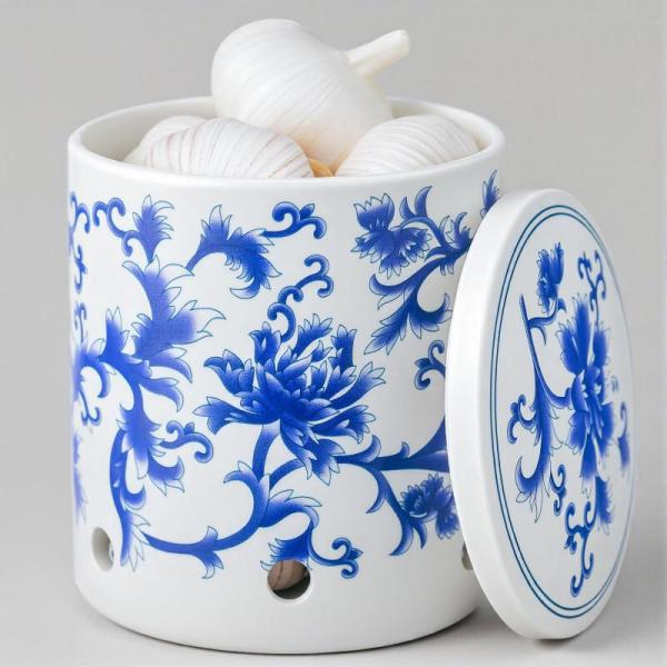 Kitchen- Blue and White Porcelain Garlic Keeper Jar, Golden Nature Fruit Basket with Banana Hanger  - MSRP $23,453