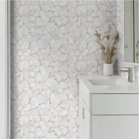 Flooring & Rugs - Elegante White Pinwheel 11 in. x 12 in. Stone/Metal Mesh Mounted Mosaic Tile - Est Retail $944- 1plt
