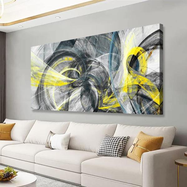 Home- Yellow and Black Abstract Pictures Canvas Wall Art, Artloge Round Wall Mirror Decorative Sunburst  - MSRP $25,824