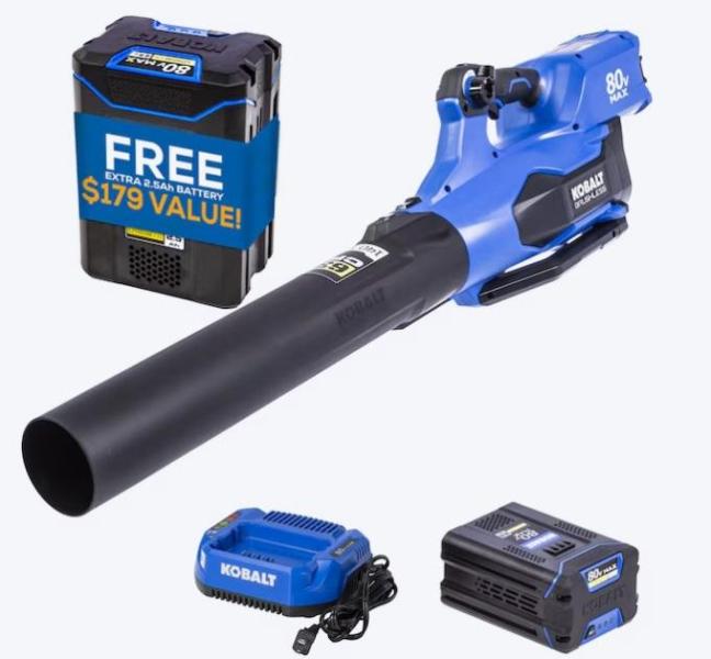 Kobalt 80V 630CFM Cordless Handheld Leaf Blower, Compact 12in 15-Amp Dual Bevel Sliding Miter Saw - MSRP $4,369