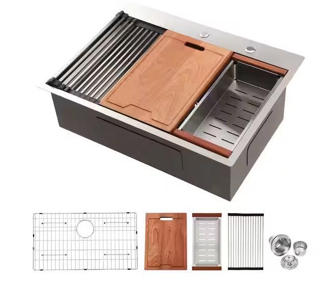 Plumbing - DELUXE DL LIVING Drop-in 2-Hole Single Bowl Workstation Kitchen Sink, KeonJinn, HOLDRITE - Est Retail $1,165