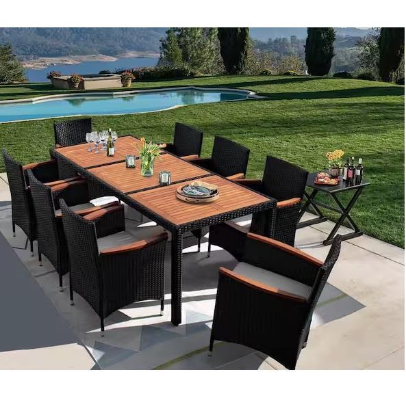 Seasonal - Tozey 9pc Acacia & Wicker Outdoor Dining Set, VEVOR Hydraulic Lift Table Cart 500lbs - Est Retail $2,513