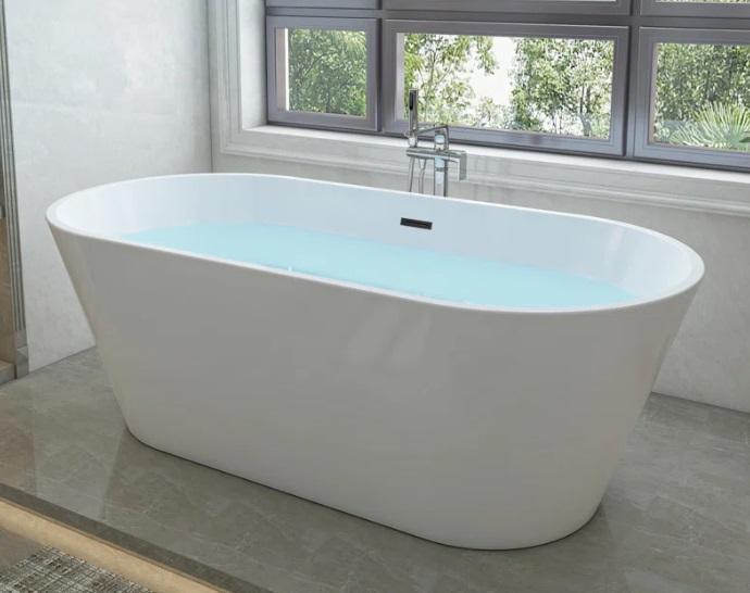 Home Improvement- 67" x 32" Freestanding Soaking Acrylic Bathtub, French Cream Arched Display Cabinet - MSRP $3,439