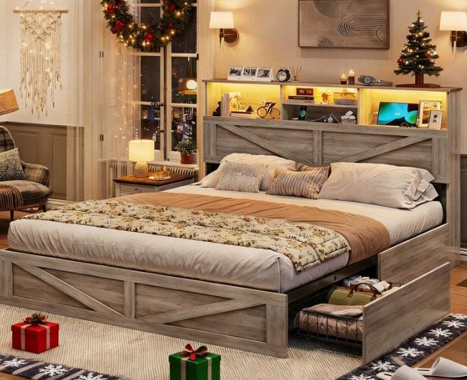 Furniture - Farmhouse Wooden Captains Bed Frame, Teddy Dining Chairs - MSRP $2,256