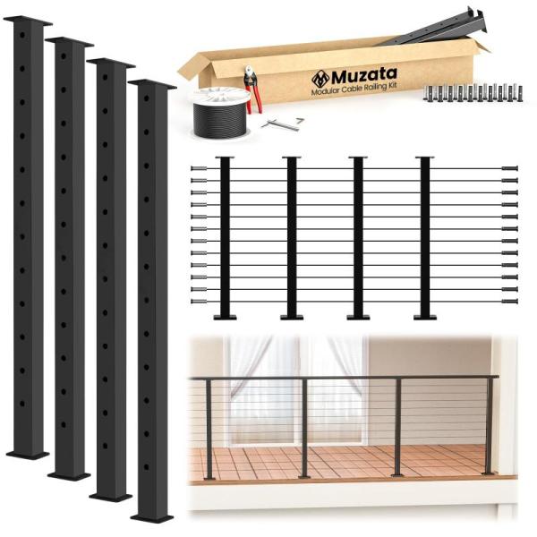 General Merchandise- Muzata 15-20FT Modular Black Cable Railing Kit 42 Inch 4 Level Post Kit Complete Set - MSRP $1,367
