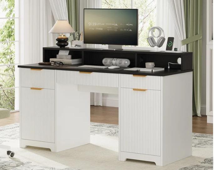 Home - 59" Home Office Desk with Charging Station, Wall-Mounted Floating Shelves for Bedroom - MSRP $377