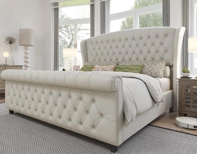 Furniture - Dulane Chenille / Velvet Upholstered Sleigh Bed, Ines Retro Style Solid Wood Platform Bed - MSRP $2,690