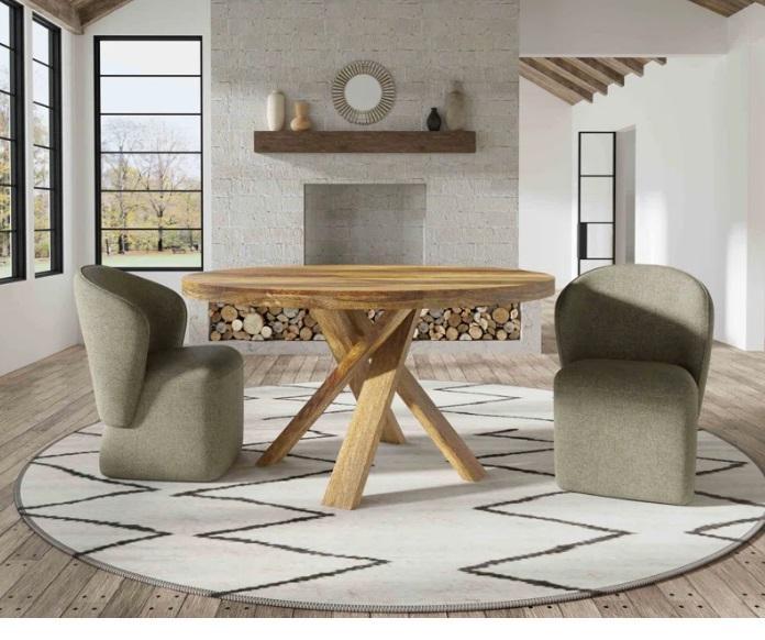Furniture - Arvis Solid Wood Contemporary 60'' Long Round Dining Table, Moris Upholstered Barrel Chair - MSRP $2,915