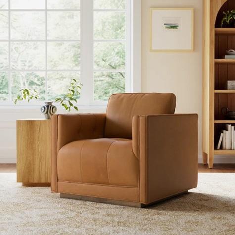 Furniture - Birch Lane - Calabrese Genuine Leather Armchair, Lucier Outdoor Ottomans with Cushion - MSRP $2,738