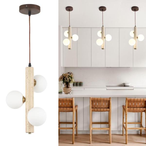 Home Improvement- Fivemengo 3Lights Natural Travertine Stone Pendant, Wellmet Modern Boho Glass Pendant  - MSRP $8,080