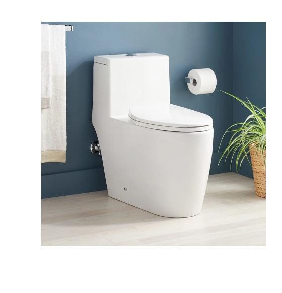 Signature Hardware SHSK241SWH Elongated Skirted Chair Height Toilet - MSRP $636