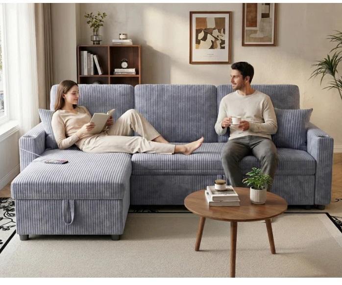 Furniture - 83.5" Convertible Corduroy Sleeper Sofa w/Pull-Out Bed, 7pc Wicker Sectional Seating, Sofa Bed - MSRP $961