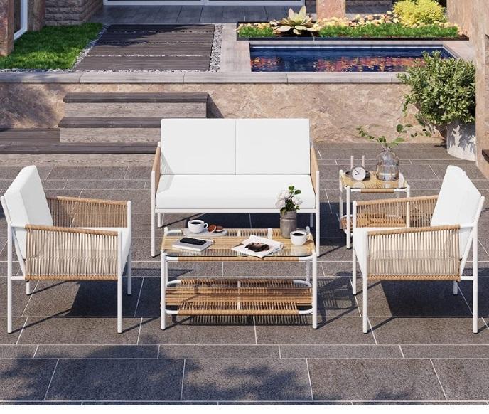 Housewares - Andzela Tokyo 2-Side Tables, 5pc Rattan Sofa Seating, Round Marble Top Dinning Table, Boocase -MSRP $2,317