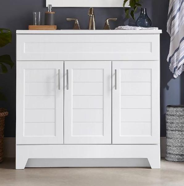 Style Selections Kirkman 36in True White Single Sink Vanity, GE 7.5ft Flocked Montana Fir Pre-lit Tree - MSRP $2,425