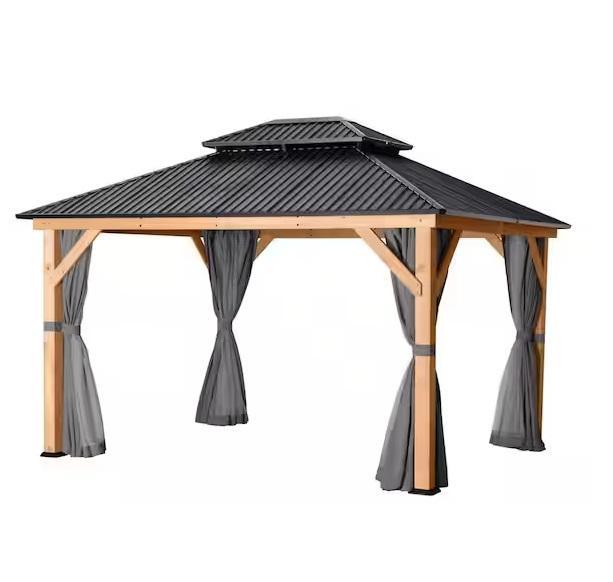 EGEIROSLIFE 11ftx13ft Double Roof Hardtop Wooden Patio Gazebo w/Netting & Grey Curtains - Est Retail $1,207