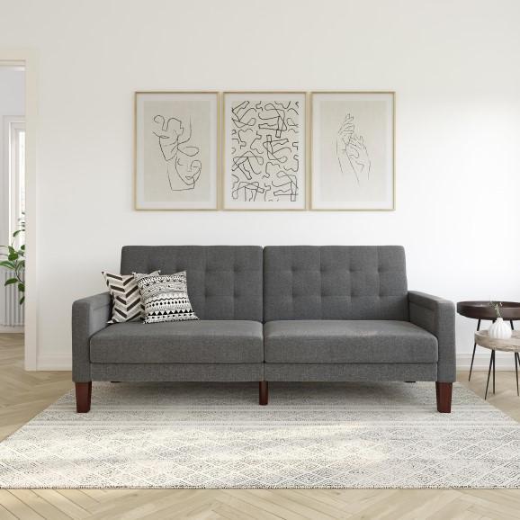 Furniture - Fabric Tufted Futon, Upholstered Platform Bed, 3 Seat Sofa, Bushwick Metal Bed - MSRP $1,114
