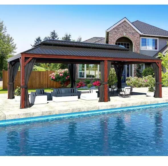 Pallet of VEIKOUS 24ftx14ft Wood Grain Aluminum Hardtop Gazebo Double Roof w/Textilene Netting - Est Retail $3,067