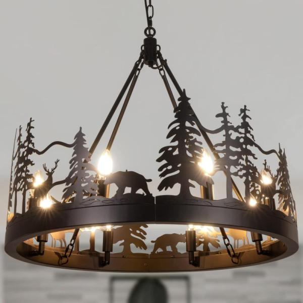 Home Improvement - Wellmet Black Wagon Wheel Chandelier, Retangular Crystal Chandeliers - MSRP $7,587