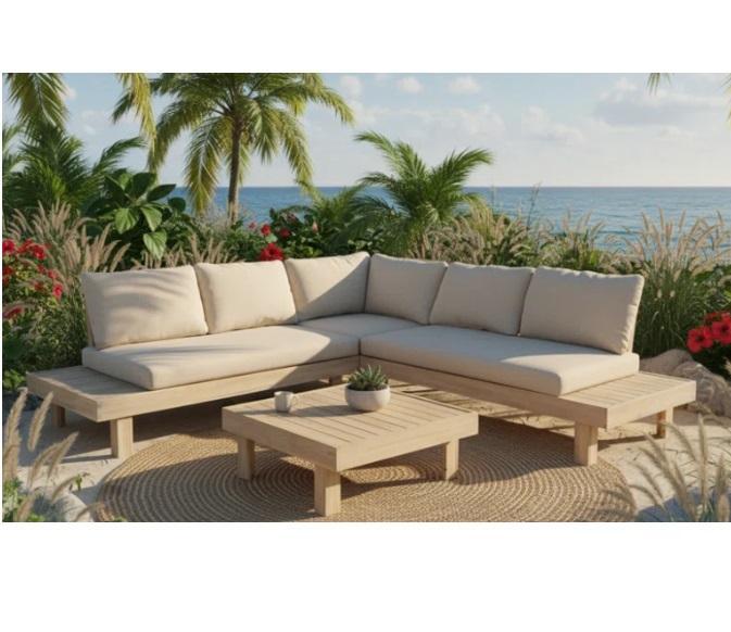 Truckload - Housewares - Abhipsa 4pc Teak Sectional Seating Group, Jimmey Flair Boucle Fabric Bench - MSRP $52,356