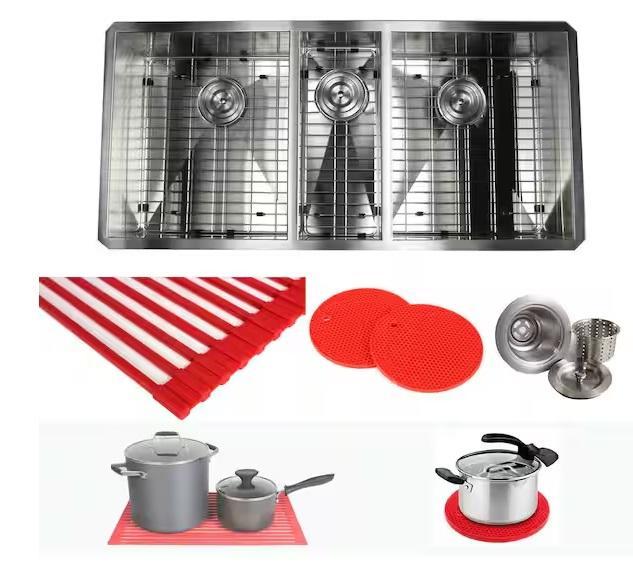 Plumbing- Kingsman Hardware Triple Bowl Kitchen Sink, Swiss Madison, Hampton Bay, KeonJinn, HDC, NDS -Est Retail $1,565