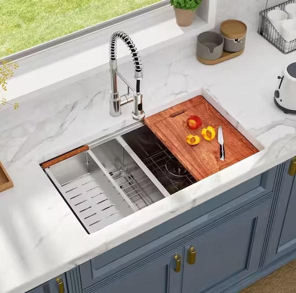Plumbing - LORDEAR 33in Low Divide Undermount Workstation Kitchen Sink, Elkay, Glacier Bay, HDC - Est Retail $1,431