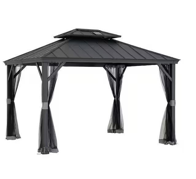 Sunjoy 10ftx12ft 2-Tier Black Power-Coated Steel Hardtop Gazebo, Patio Aluminum Frame - Est Retail $1,643