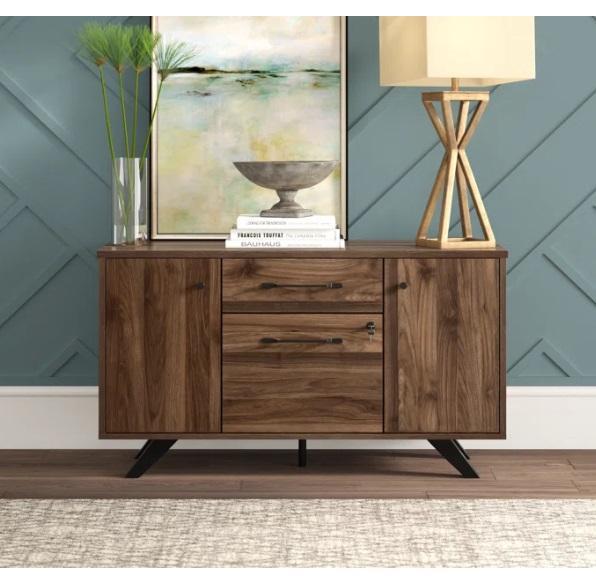 Furniture - Kauan 2-Drawer/2-Shelf Filing Credenza, Braedin Upholstered Accent Chair & Storable Ottoman - MSRP $2,232