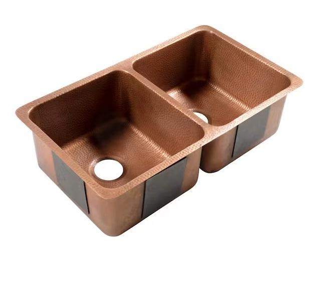 Plumbing - SINKOLOGY Rivera 32in Antique Copper Double Kitchen Sink, Glacier Bay, RELN, HOME-FLEX - Est Retail $1,853
