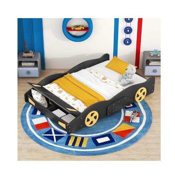 Bellemave Full Size Race Car-Shaped Platform Bed, Kids Roller Coaster Ride-On, Yesker Garden Cart Wagon - MSRP $1,266