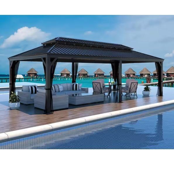 VEIKOUS 24ftWx14ftD Aluminum Hardtop Gazebo w/Galvanized Double Roof & Textilene Netting - Est Retail $2,485