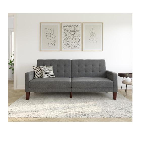 Furniture - Fabric Tufted Firm Futon, King Bushwick Metal Bed, Leighton Kids Wood Twin-Over-Twin Bunk Bed - MSRP $1,084