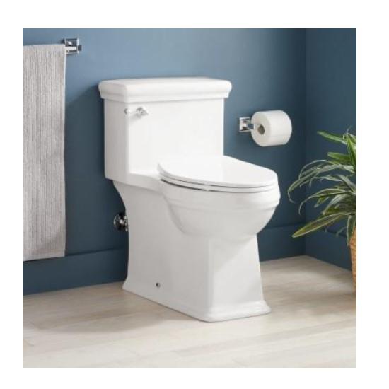 Signature Hardware SHKW241SWH Elongated Skirted Chair Height Toilet - MSRP $824