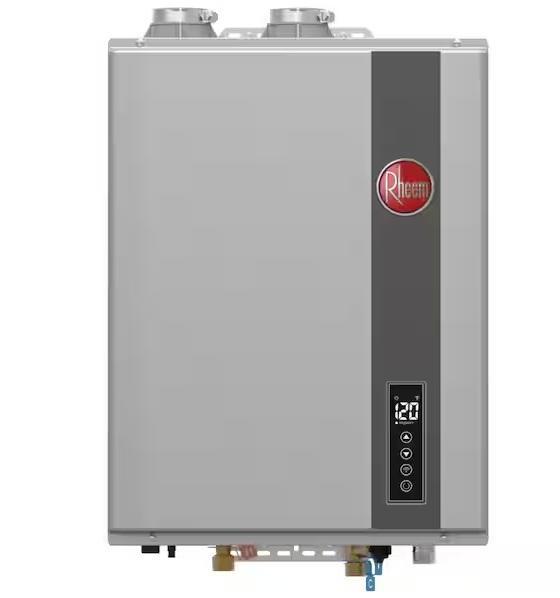 Plumbing - Rheem Smart Indoor/Outdoor Natural Gas Tankless Water Heater, Water Softener, androme - Est Retail $3,353