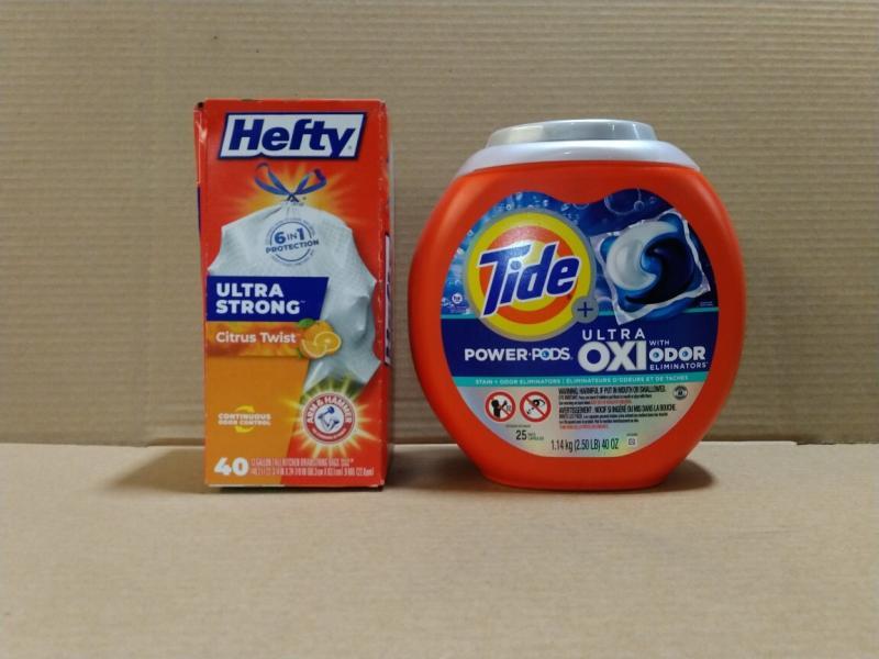 Bed Bath and Home - Tide Ultra OXI Power PODS with Odor Eliminators, Hefty 40-Count 13-Gallon- MSRP $2,263