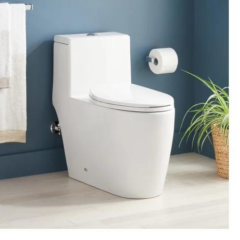 Signature Hardware SHSK241SWH Elongated Skirted Chair Height Toilet - MSRP $636