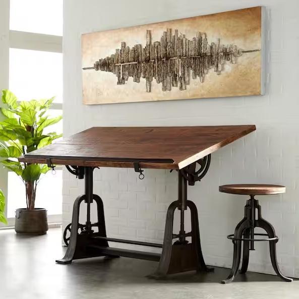 Litton Lane 30in Rectangle Brown Teak Wood Drafting Style Computer Desk - Est Retail $1,699