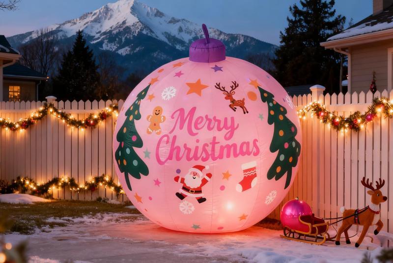 Home- 8ft Red Christmas Ball with Santa, LANGXUN 8ft Pink Christmas Ball, LANGXUN 8ft Skiing Santa - MSRP $18,928