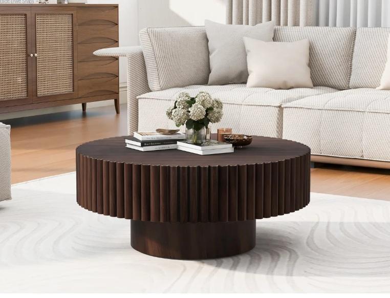 Housewares- Lorven 32" Wood Round Coffee Table, Kiylan Swivel Upholstered 26.7" Sherpa/Linen Counter Stool -MSRP $2,239