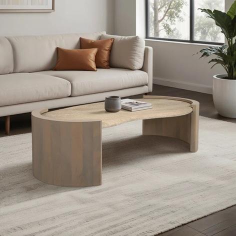 TRUCKLOAD - Home Decor - Trish Travertine & Wood Coffee Table, Transitional TV Stand, Sunset Acacia Bed - MSRP $58,489